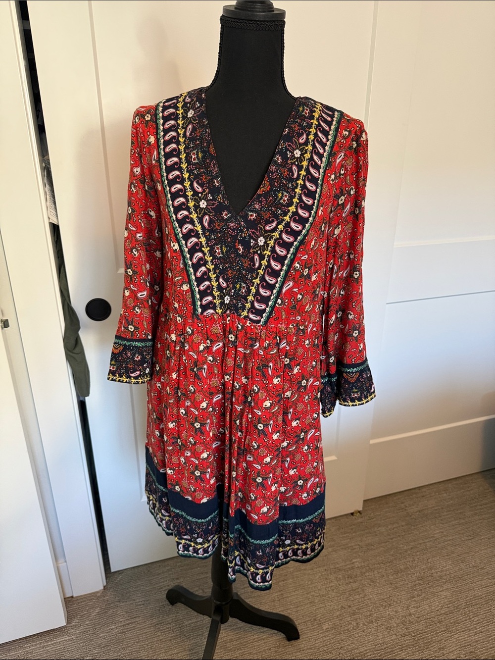 Bohemian Red Paisley V-Neck Midi Dress